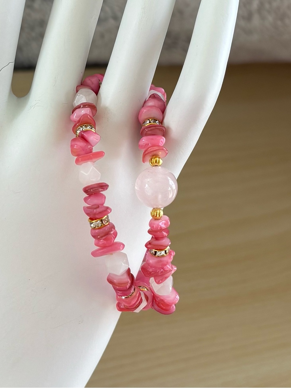Rose Quartz & Pink Sea Shell Gold tone Memory Wire Bracelet